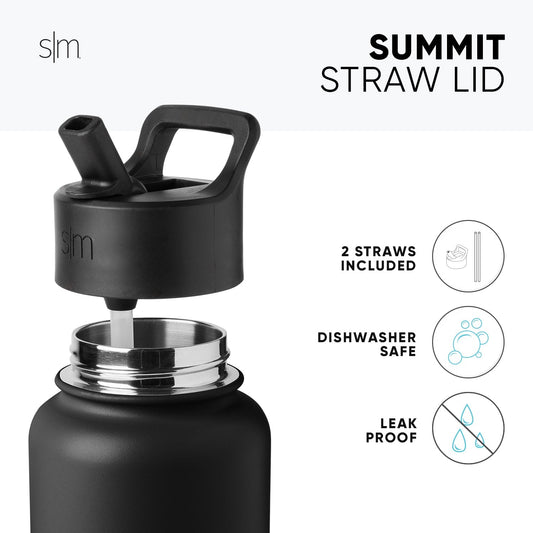 Matte black Summit Straw Lid and drinkware with metallic silver accents on the lid base ring and interior, shown against a grayscale background.