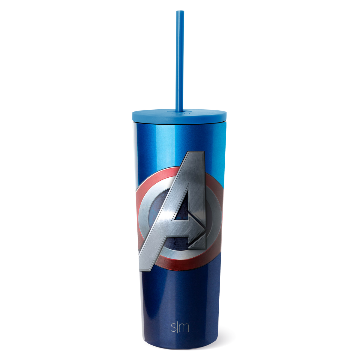 Blue ombre tumbler with color-blocked design transitioning from bright blue at top to navy blue at bottom, featuring a circular emblem at center.