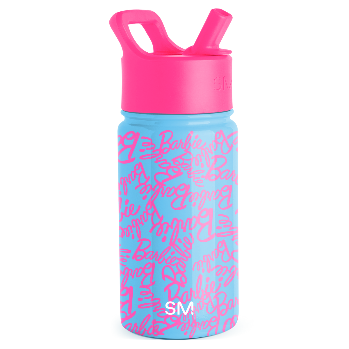 Hot pink and sky blue water bottle with repeating text graphic on body and pink lid