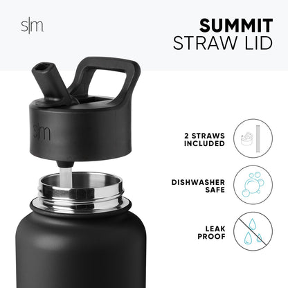 Black and metallic silver SM Summit water bottle with matte finish base, polished stainless steel interior rim and straw attachment hardware