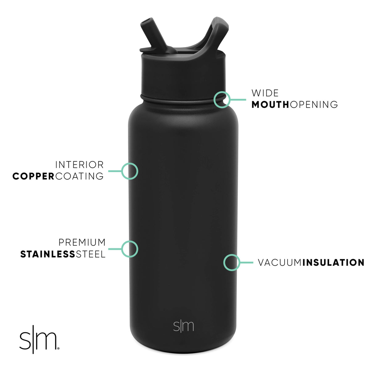 Black matte water bottle with teal accent circles on white background