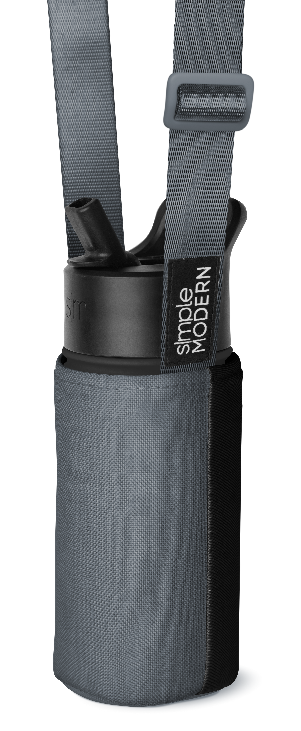 Gray neoprene cylindrical bottle carrier with black band on white background