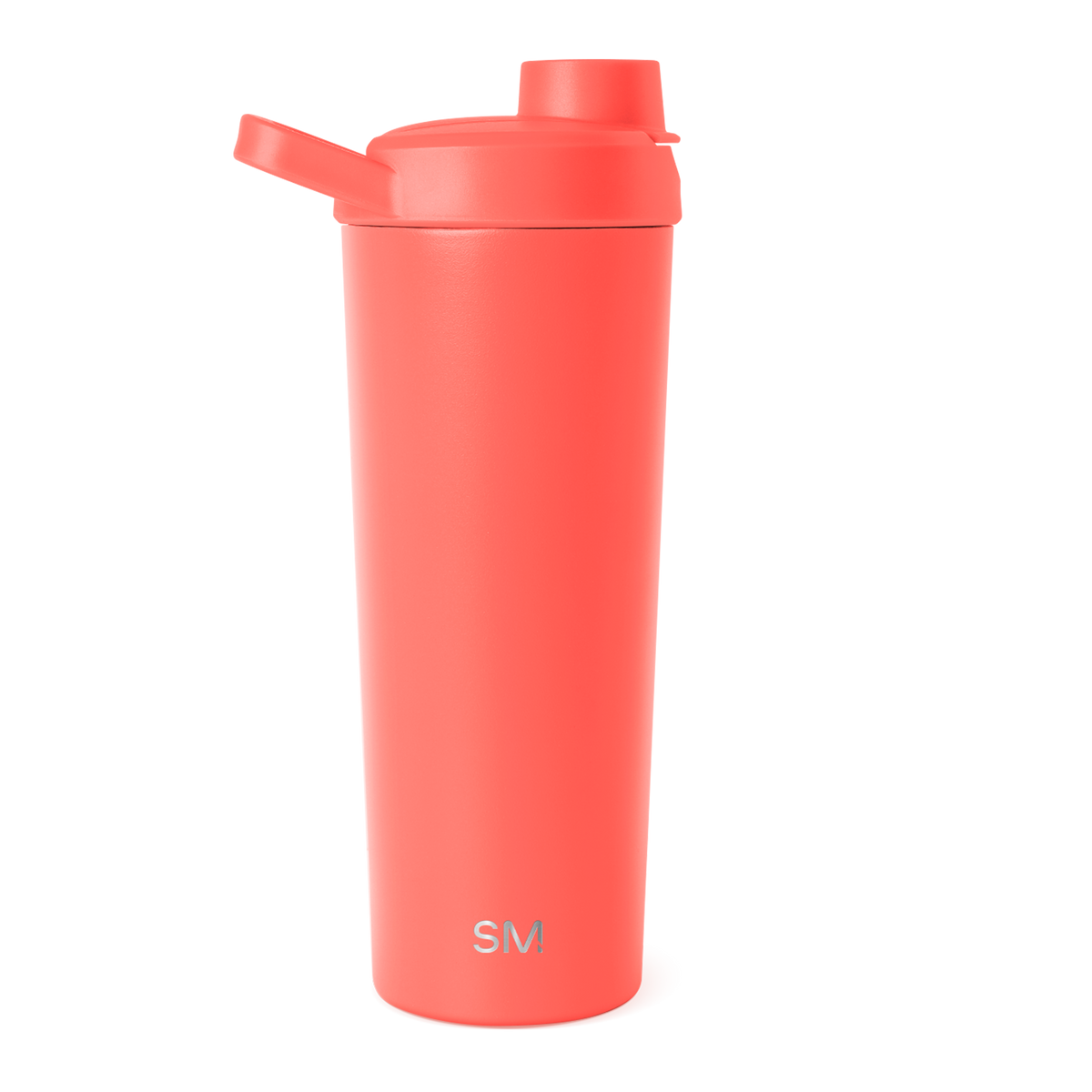 Coral-pink cylindrical water bottle with sleek modern design and tapered body on white background
