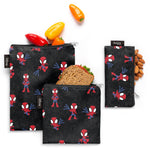 Three black Spider-Man kids lunch bags featuring vibrant red, white, and blue Spider-Man designs with fresh food props displayed.