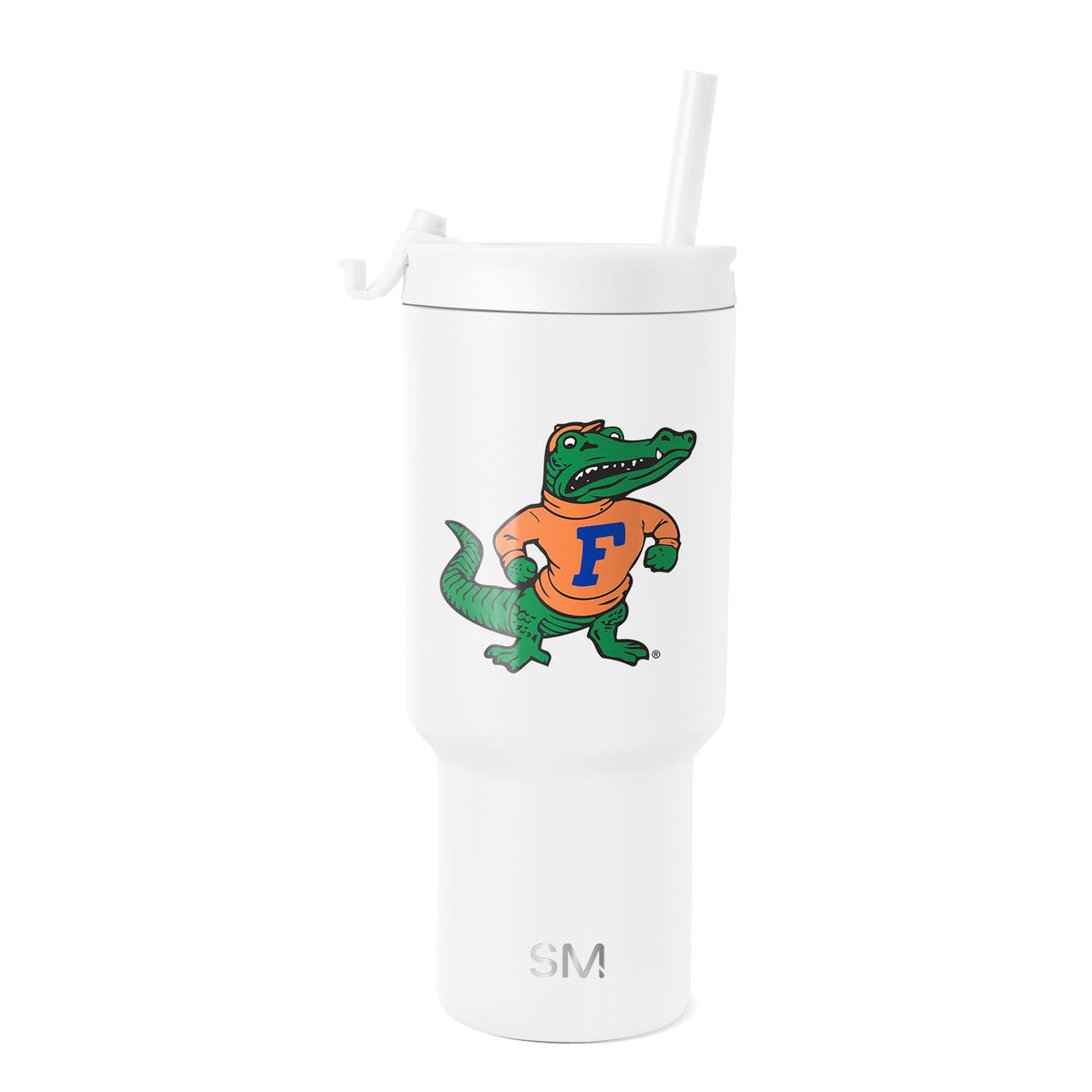 White Simple Modern insulated tumbler with secure lid and angled straw, cylindrical body tapering at base