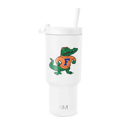 White Simple Modern insulated tumbler with secure lid and angled straw, cylindrical body tapering at base