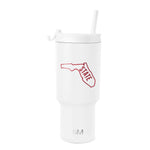 White tumbler with deep red outline illustration and light gray SM logo near bottom