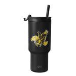Matte black tumbler with bright gold and yellow eagle graphic outlined in white, featuring Iowa design elements