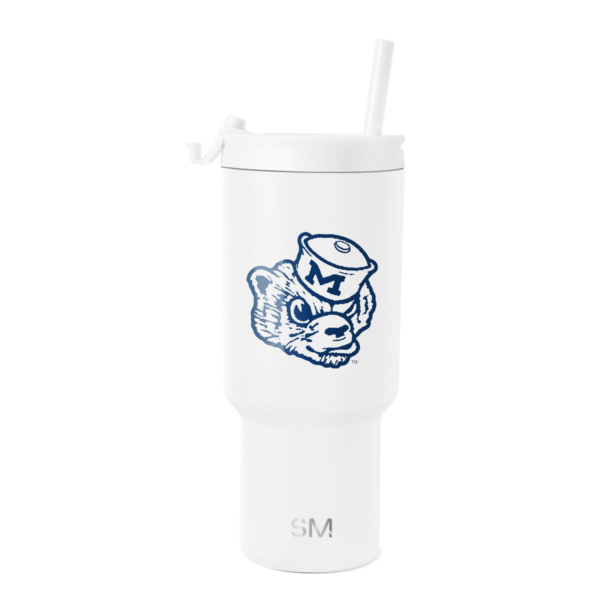 White tumbler with navy blue graphic illustration and branding details