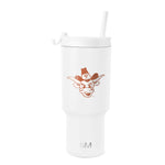 White insulated tumbler with rust orange graphic design and matching straw, front view