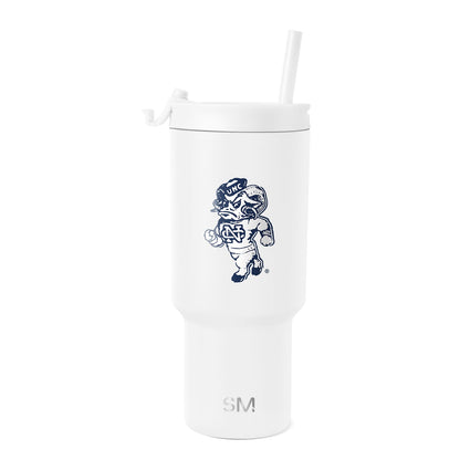 White insulated tumbler with straw, cylindrical tapered design, Simple Modern Summit style, photographed against light gray background.