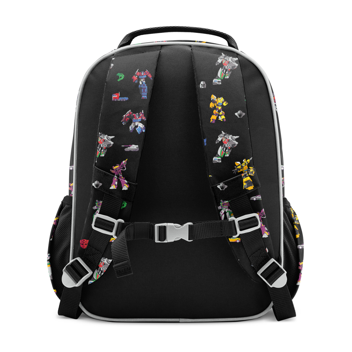 Black backpack with colorful pockets and accents in yellow, red, blue, purple, and green stripes or panels on the front and sides.