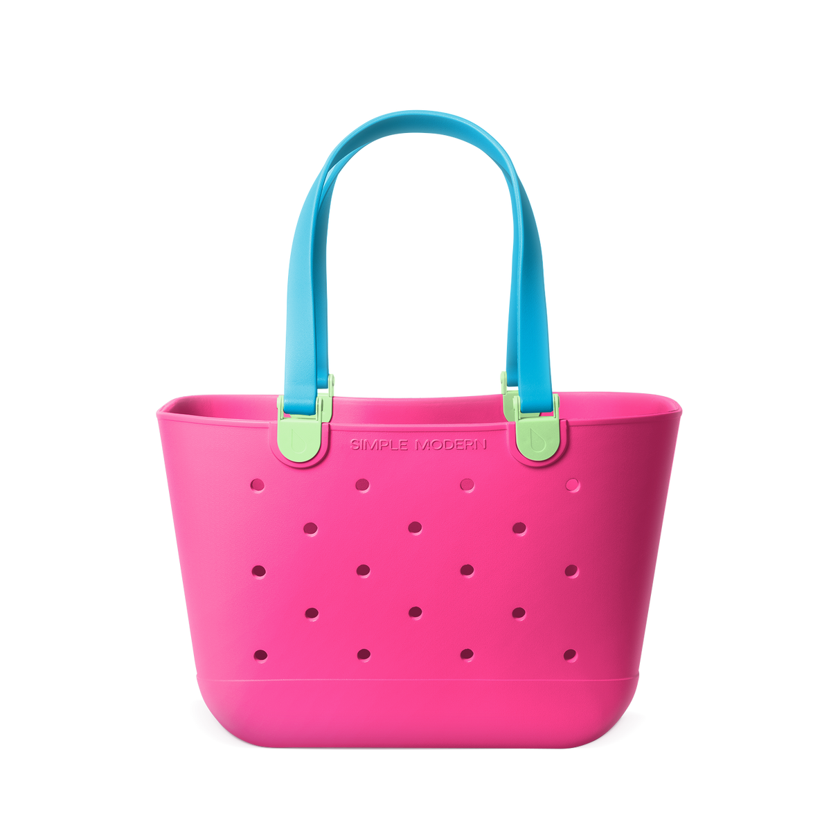Hot pink tote bag with turquoise blue handles