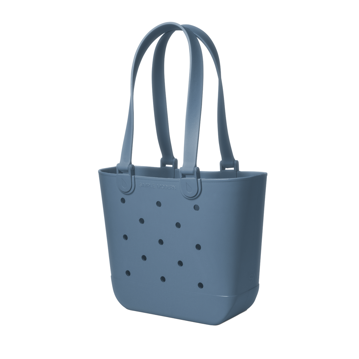Muted slate blue modern tote bag with clean lines and minimalist design, shown against a neutral background