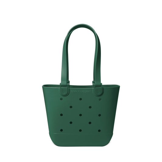 Forest green tote bag with black polka dot pattern, featuring a clean neutral background