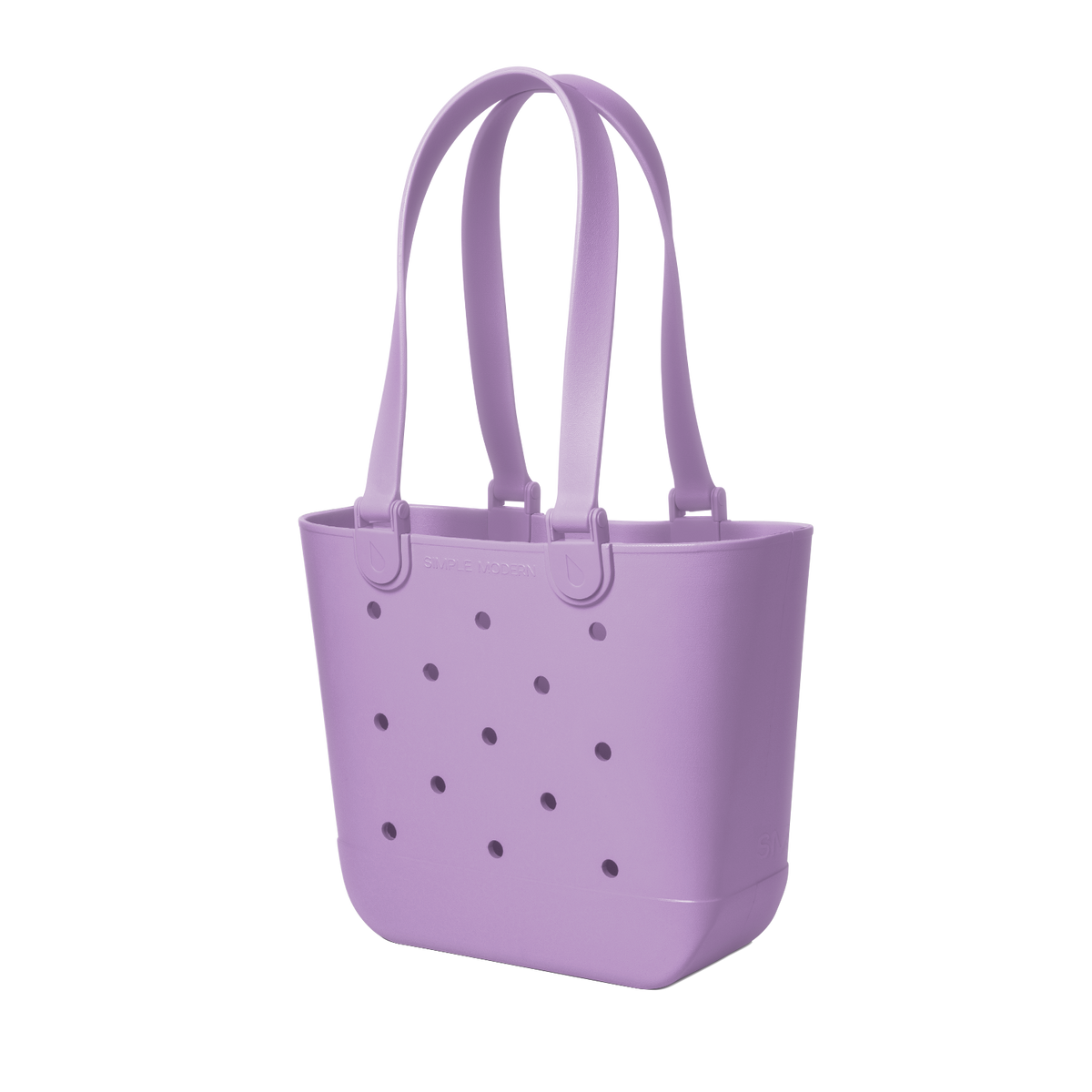 Soft lavender purple tote bag with deeper purple perforated details across the front