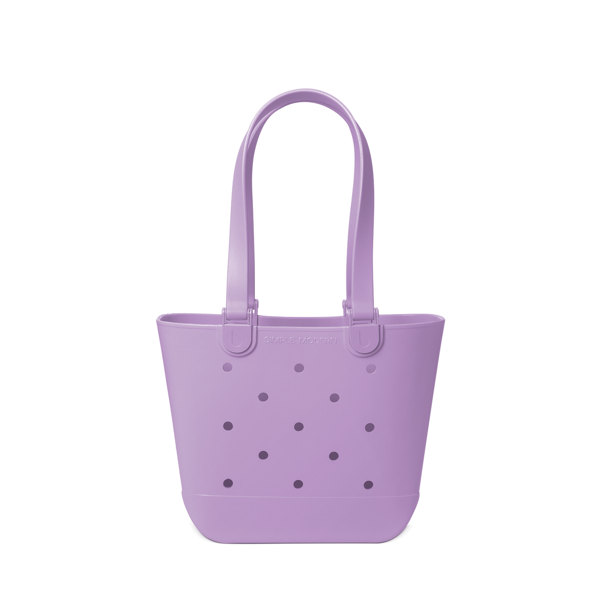 Soft lavender purple tote bag with decorative perforations in darker purple and gray tones on the front panel.