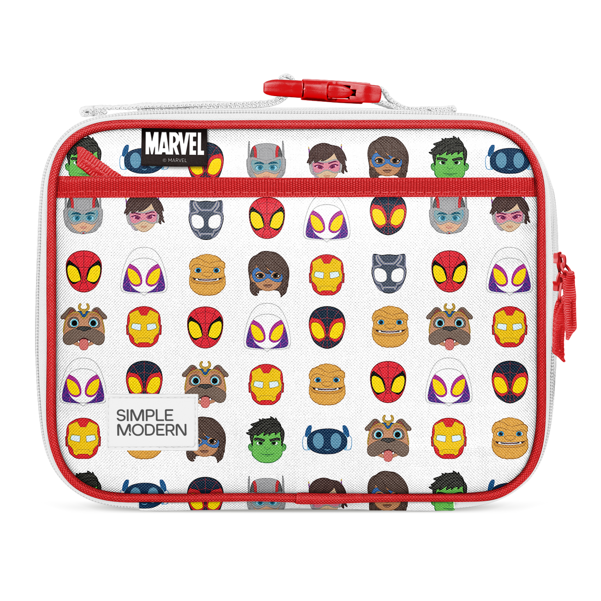 Red and white Marvel character lunch box with bright red zipper and trim, featuring vibrant character faces in red, yellow, and blue on light gray background.
