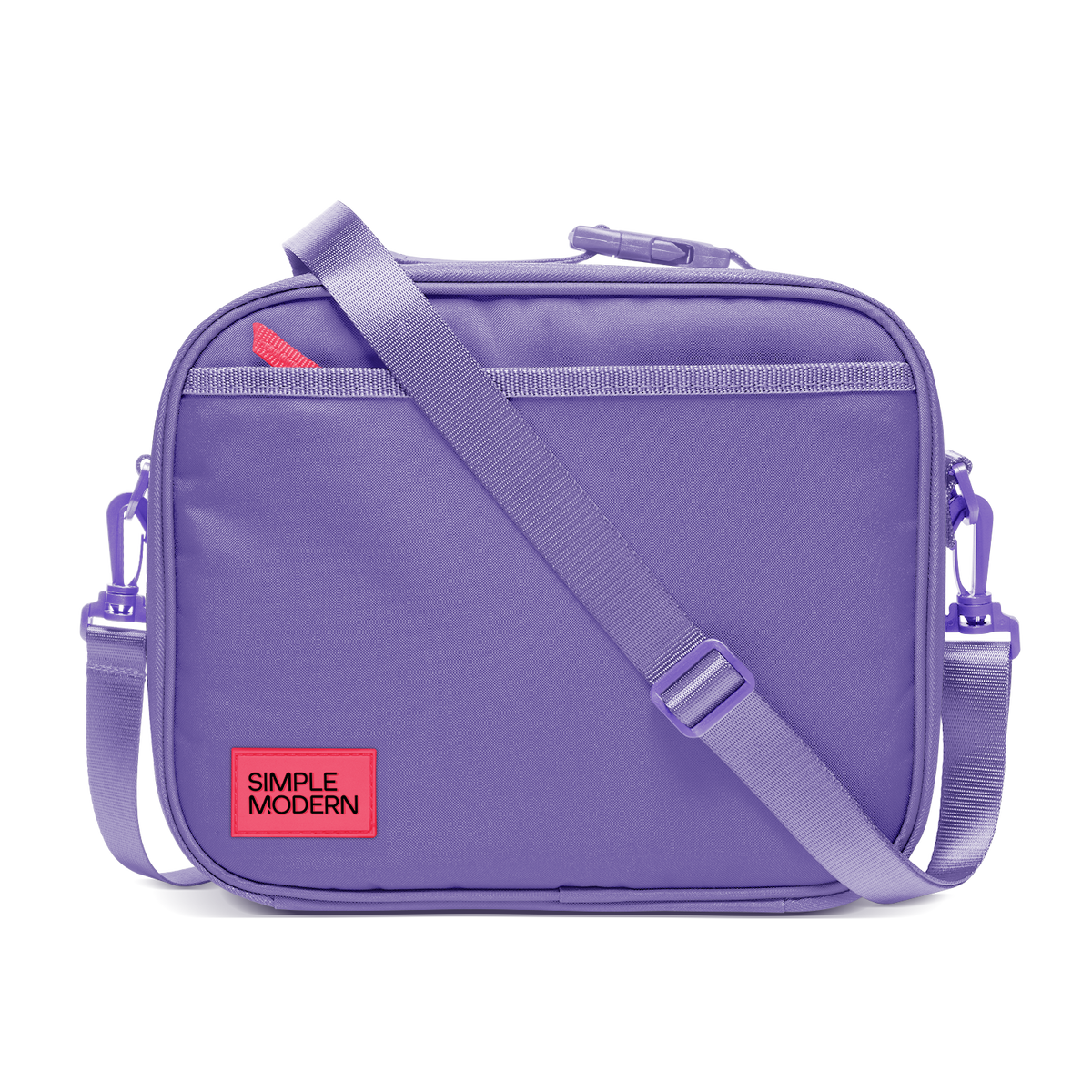 Purple backpack with light purple webbing straps and trim, featuring a bright neon red label detail