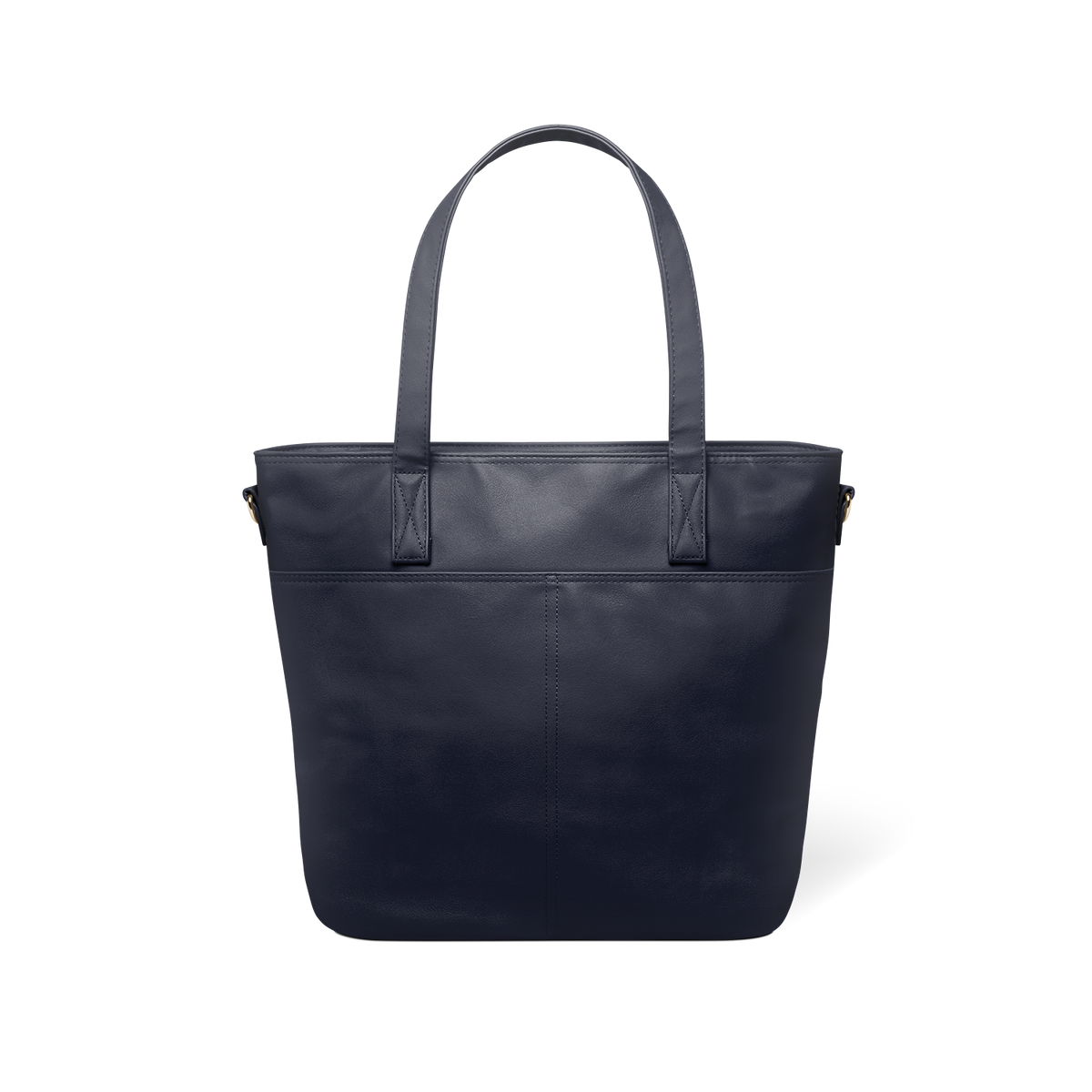 Deep navy blue leather tote bag with structured shape, shown from back view against white background, displaying sleek minimalist design and professional styling.
