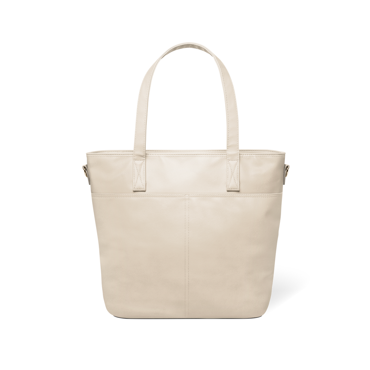Oatmeal cream colored tote bag shown from back view, featuring simple modern design with soft off-white coloring against white background