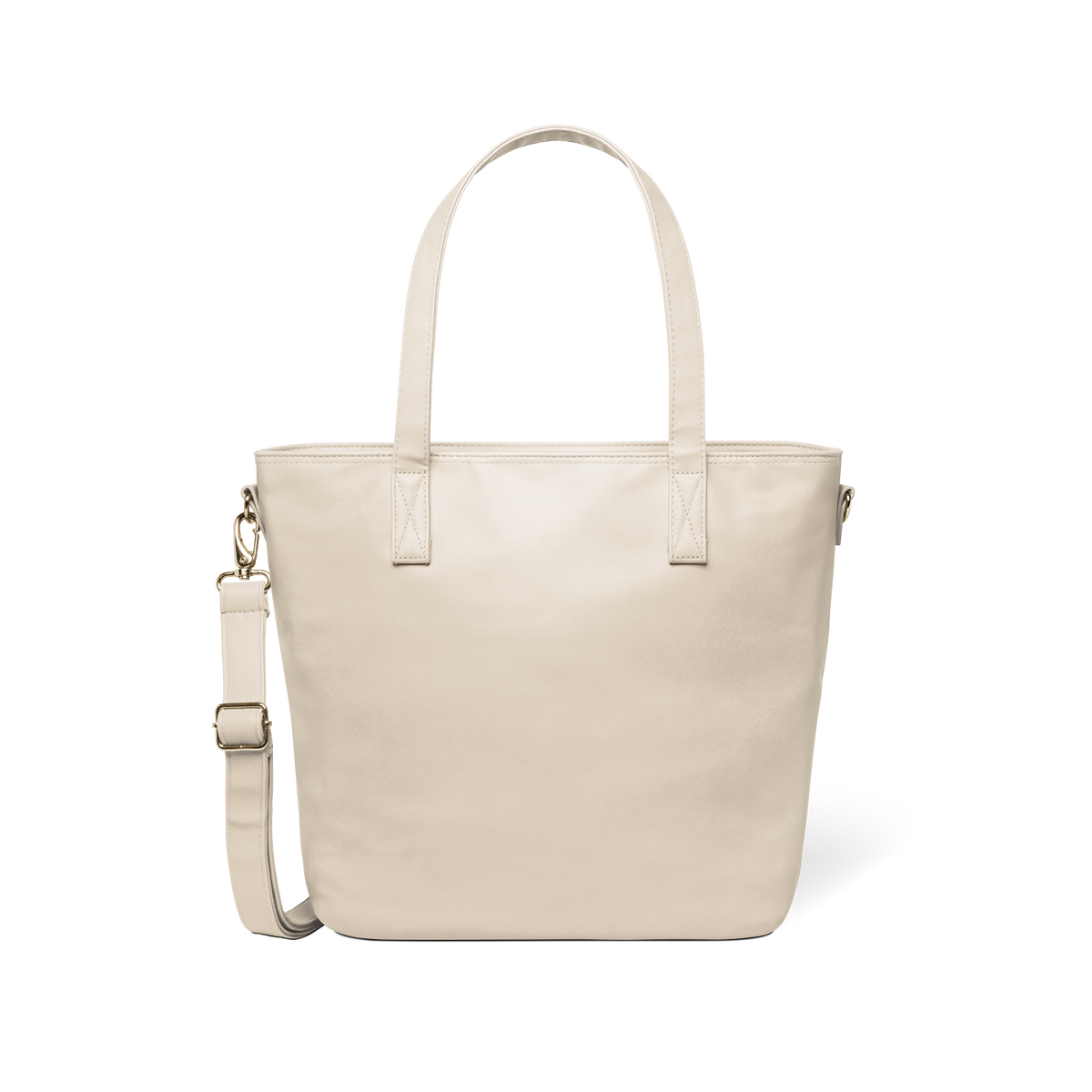 Oatmeal-colored tote bag with gold-toned metal hardware and handles against a white background