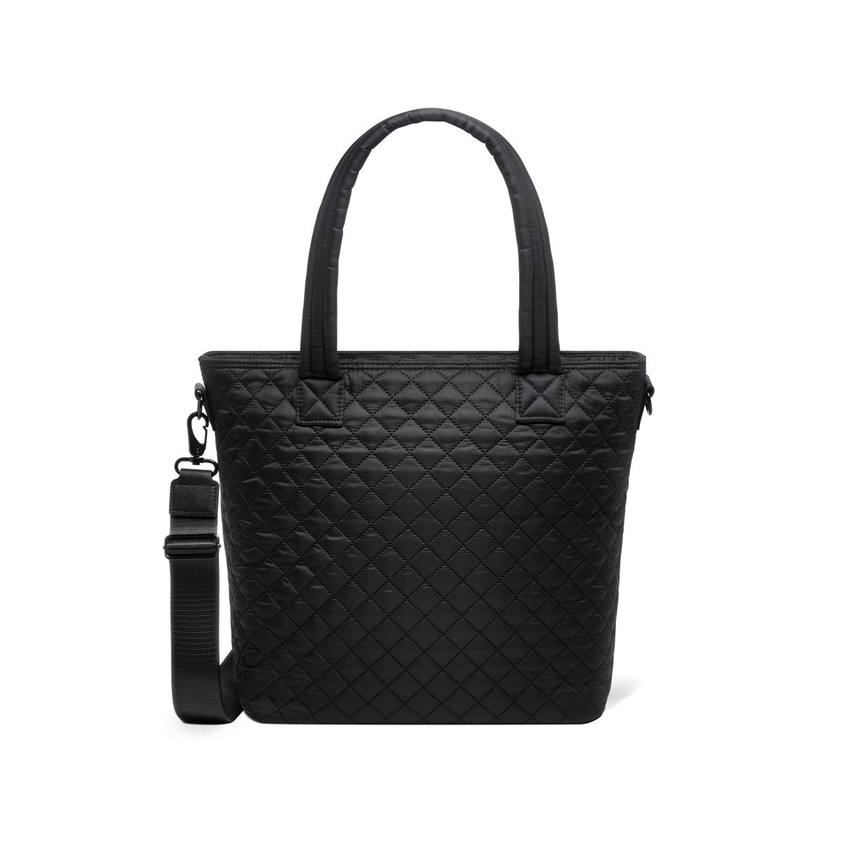 Black tote bag with charcoal tones, dual handles, and detachable shoulder strap displayed against a white background