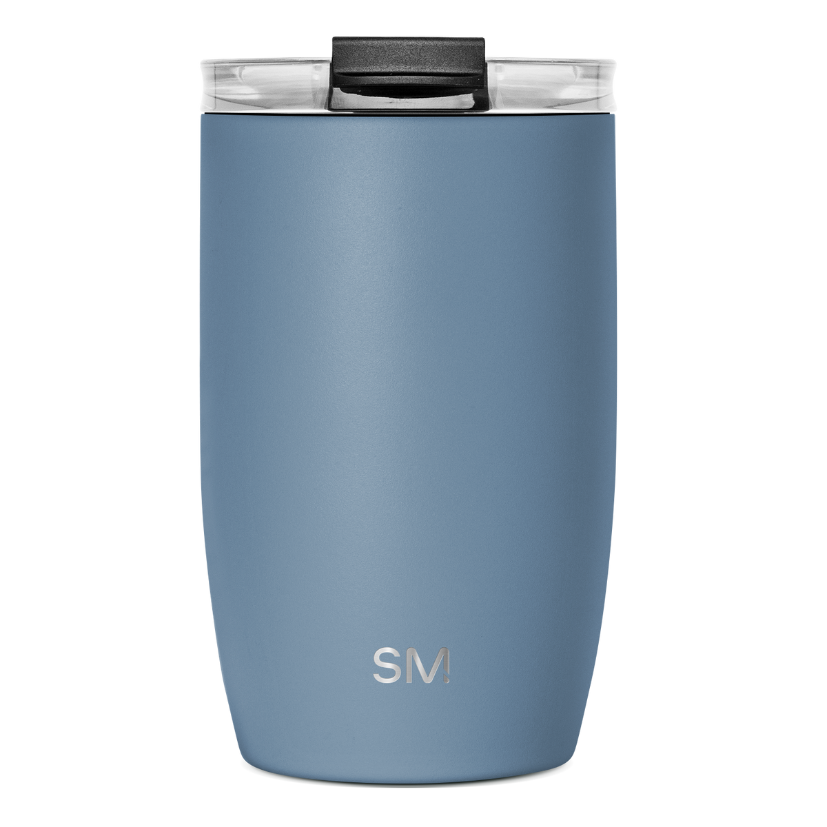 Slate blue insulated tumbler with black handle and clear glass rim, viewed from front angle