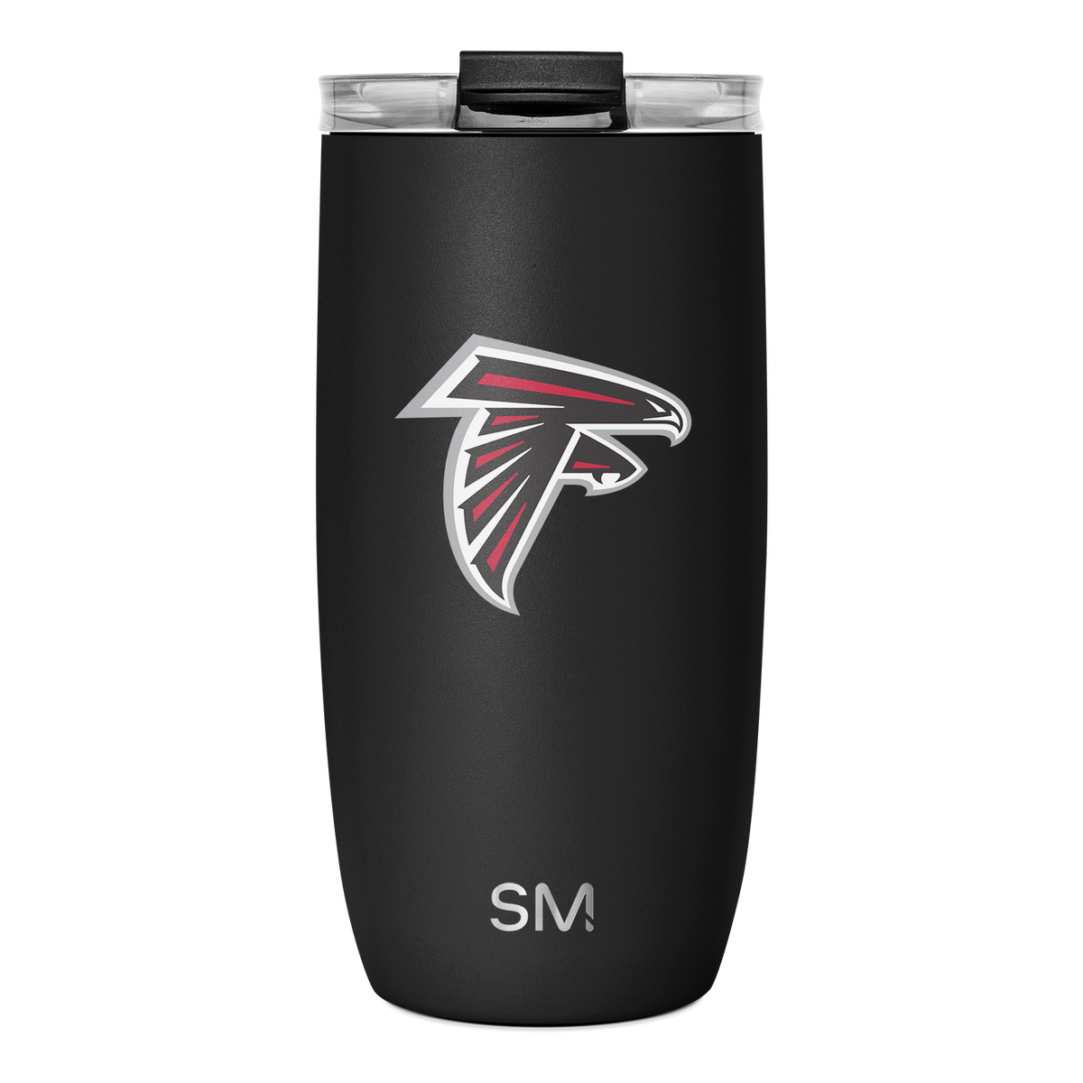 Matte black tumbler with bright red and white accents, black lid, and transparent viewing window