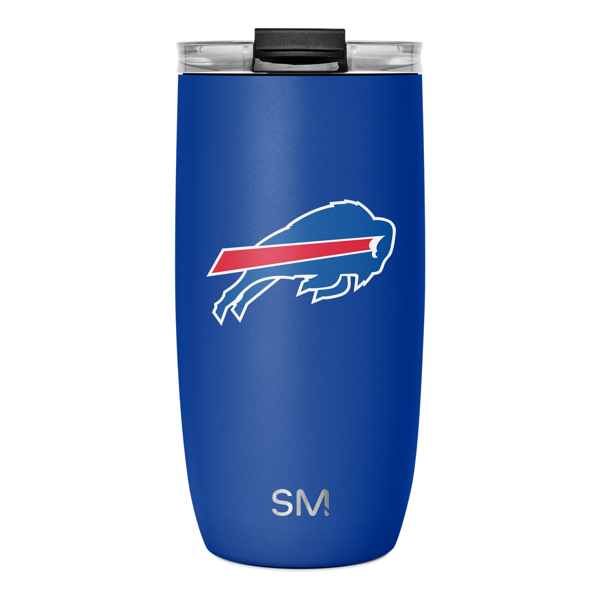 Royal blue tumbler with white text and outline, red diagonal stripe, and black silicone lid.