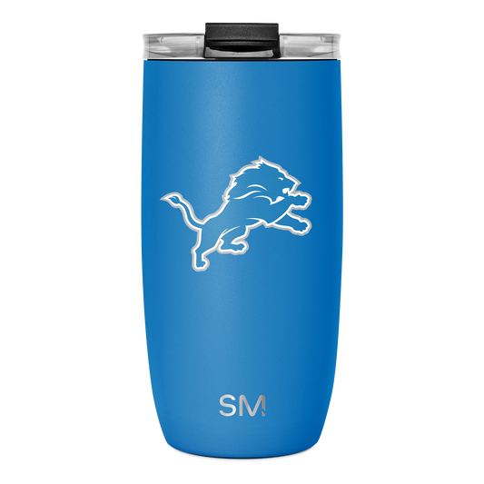 Bright blue tumbler with black lid and rim details, matte finish