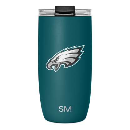 Teal stainless steel tumbler with black matte lid, white and gray logo branding