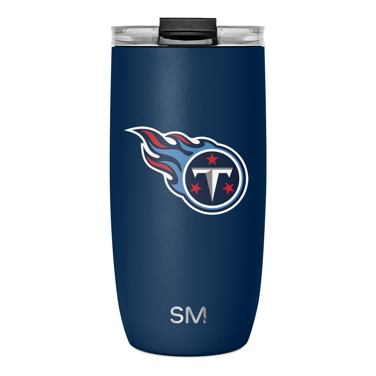 Deep navy blue tumbler with Tennessee Titans logo featuring red and white accents, including red stars and letter T design.
