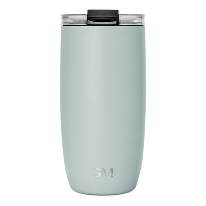 Sage green insulated tumbler with black lid and rim, featuring clear plastic windows showing interior, isolated on white background.