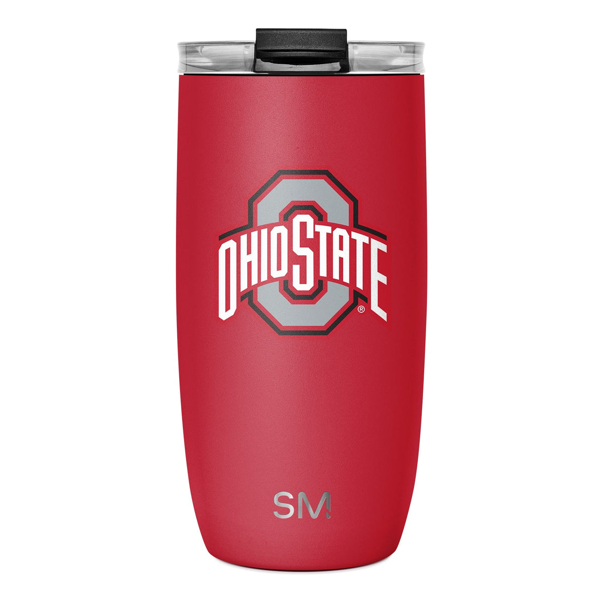 Red stainless steel tumbler with white and gray accents, black lid with clear plastic inserts, on neutral background