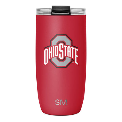 Red stainless steel tumbler with white and gray accents, black lid with clear plastic inserts, on neutral background