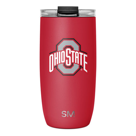 Red stainless steel tumbler with white and gray accents, black lid with clear plastic inserts, on neutral background