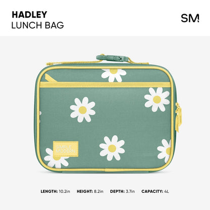 Sage green lunch bag with bright yellow accents and white daisy flowers with yellow centers