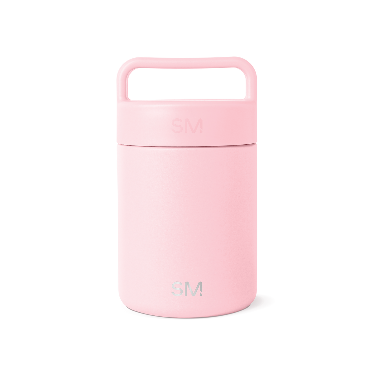 Soft pastel pink cylindrical insulated food and beverage container with removable lid and integrated carrying handle