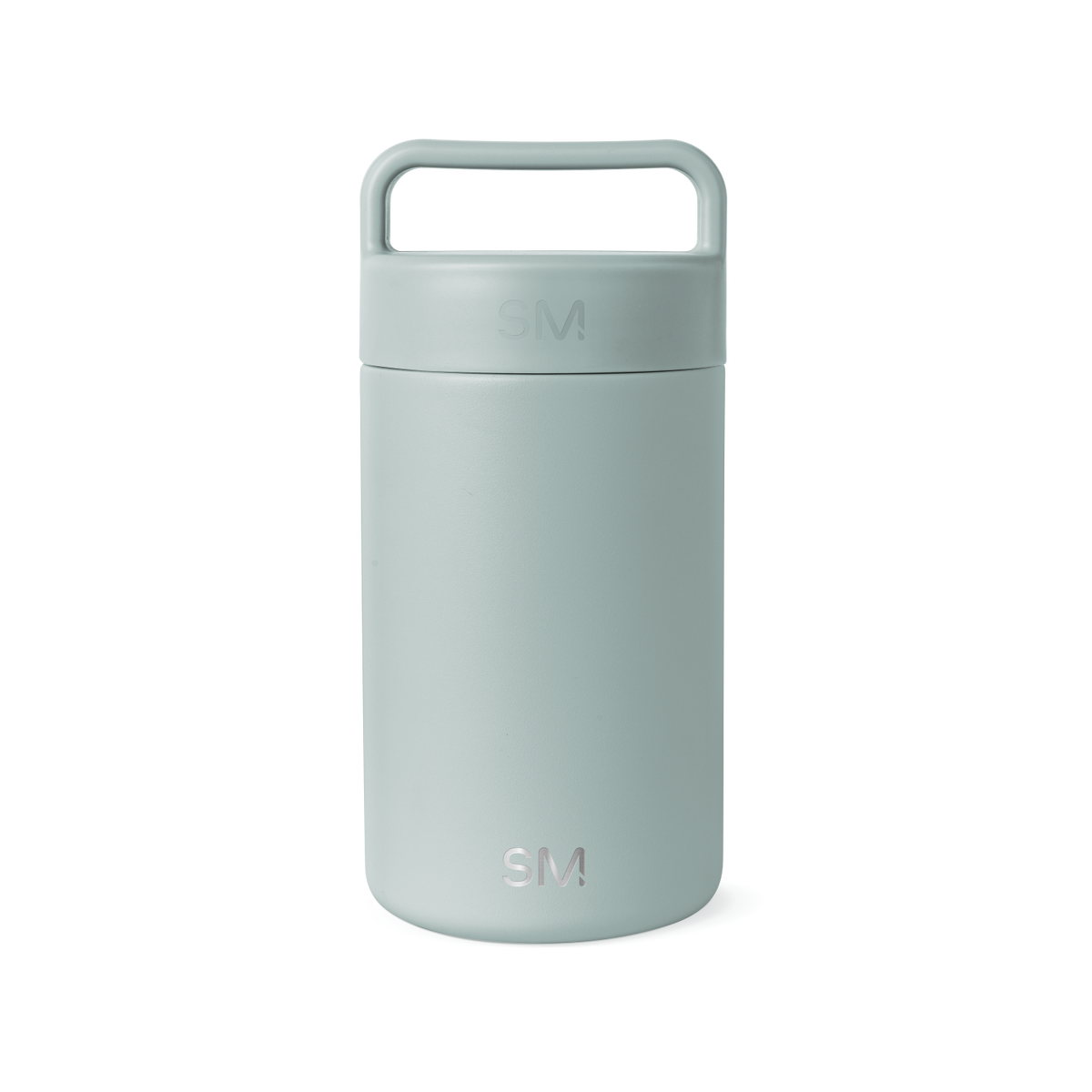 Sage green cylindrical insulated container with matte finish and integrated handle on white background