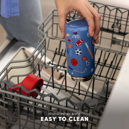 Simple Modern Summit 2.0 blue kids water bottle with sports graphics positioned in a dishwasher rack, labeled "dishwasher safe" and "EASY TO CLEAN"