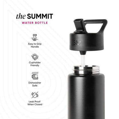Black Summit Water Bottle by Simple Modern with easy-grip handle, shown with icons indicating cup holder friendly, dishwasher safe, and leak-proof features on white background.