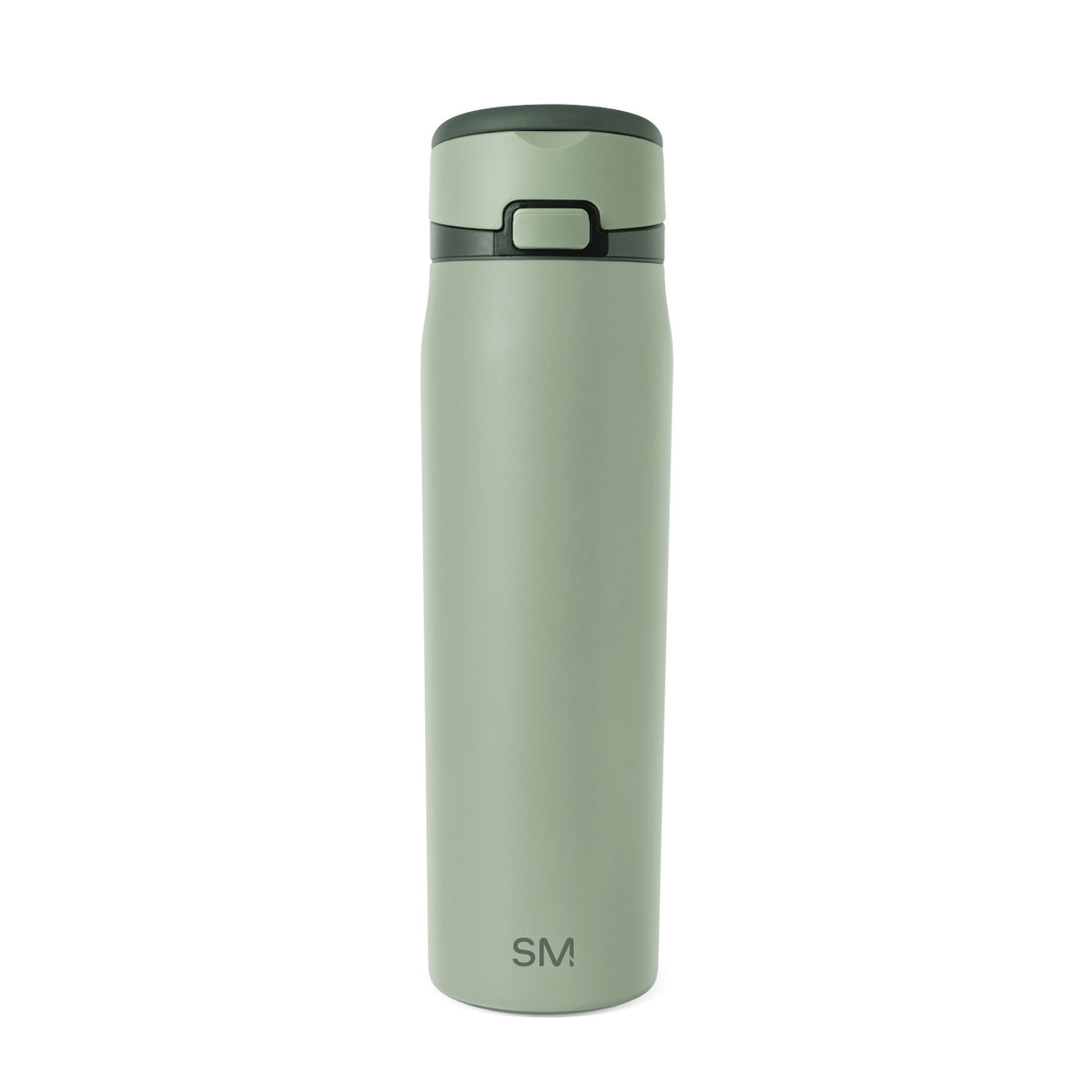 Sage green bottle with dark forest green lid and accent band around the upper middle section