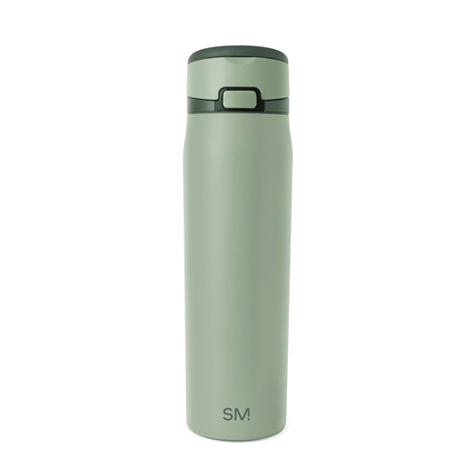 Sage green bottle with dark forest green lid and accent band around the upper middle section