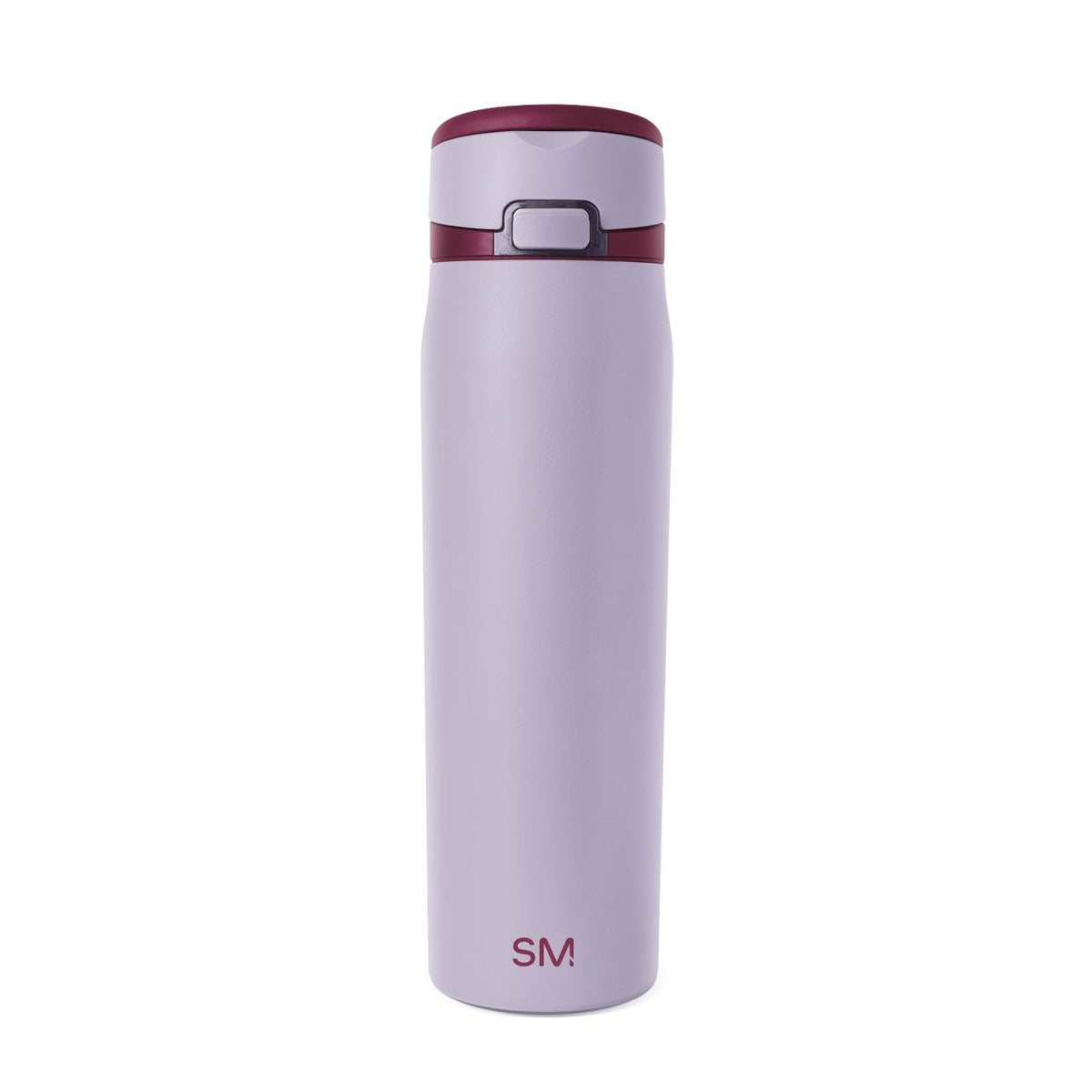 Lavender-lilac insulated tumbler with deep burgundy accent bands at the rim and middle section