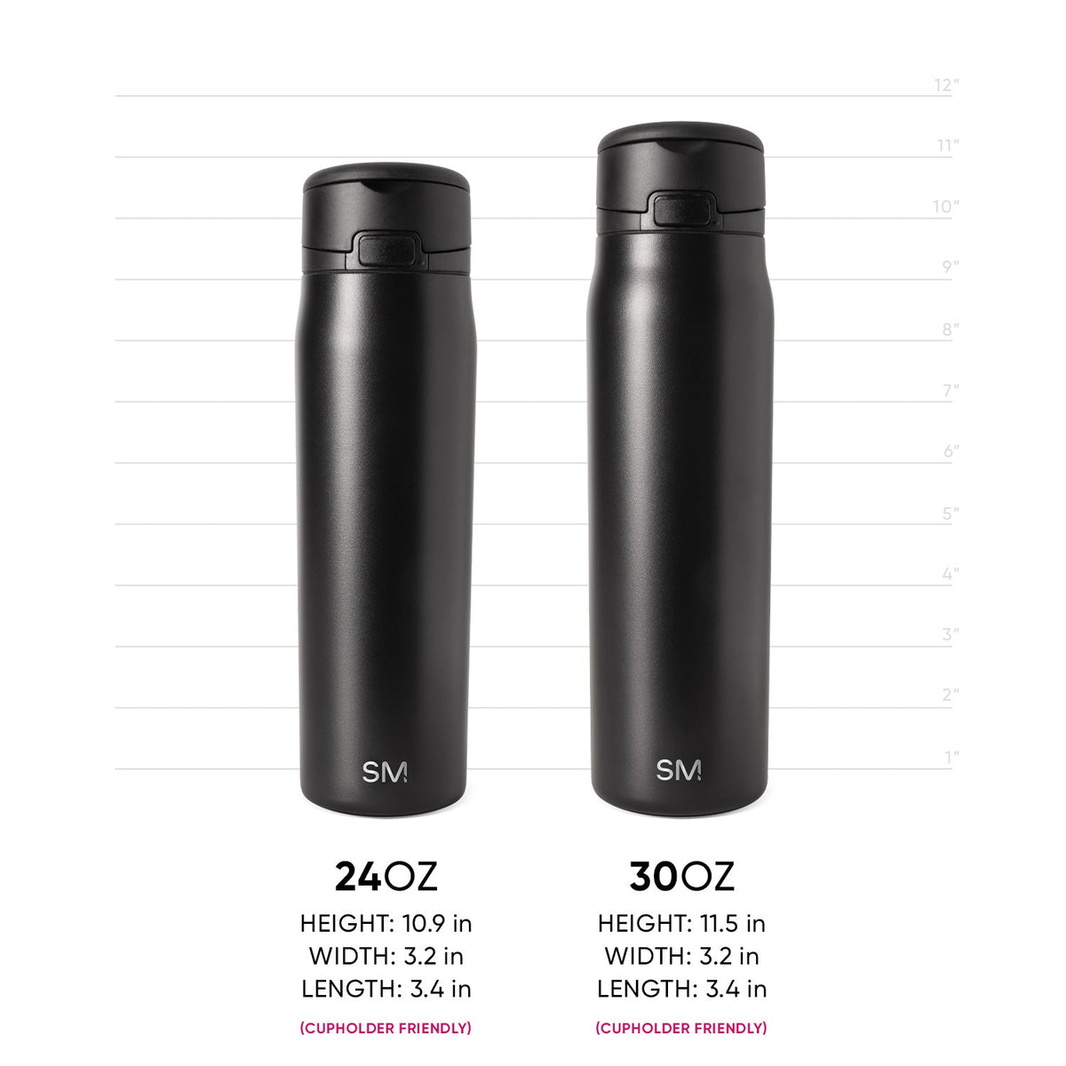 Two black insulated water bottles side by side with measurement scale. 24oz bottle (10.9" H) on left, 30oz bottle (11.5" H) on right. Both cupholder friendly with Simple Modern logo and black lids.