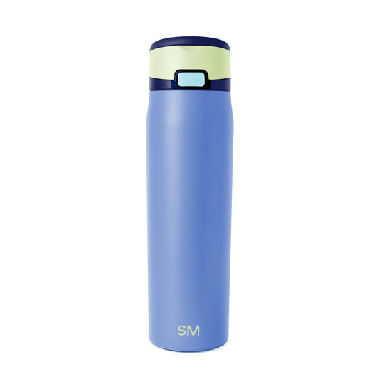 Tall cylindrical insulated tumbler with periwinkle blue body and color-block design on white background