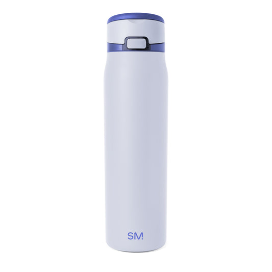 Soft pale blue-gray bottle with royal blue bands at top rim and middle section, featuring two-tone design accent.