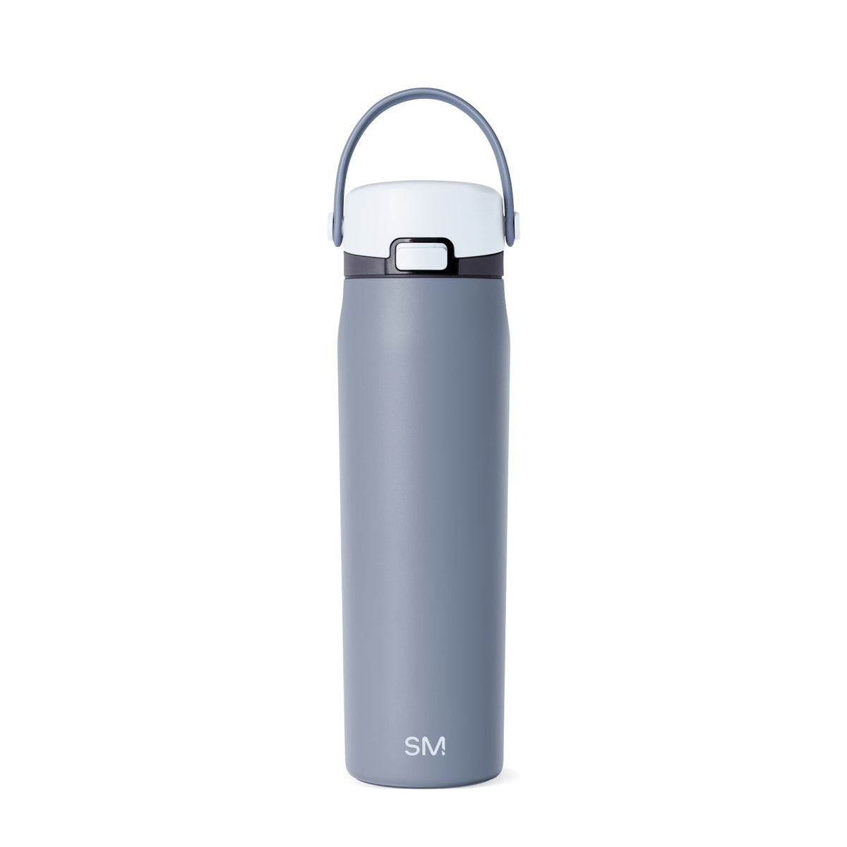 Soft slate blue insulated water bottle with white lid and cap, featuring a sleek cylindrical design for hydration and temperature retention