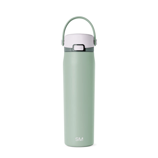 Tall sage green insulated water bottle with white lid against white background